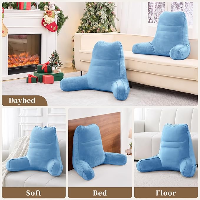 Sasttie Reading Pillow for Bed - 23 Inch, Back Pillow for Bed Sitting Up, Back-Rest Support Cushion with Side Pockets and Arms, Dorm Essentials, Oeko-Tex Certified, Blue