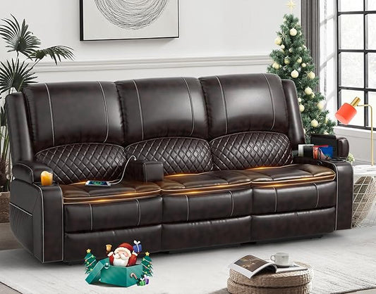 Recliner Sofa, 3 Seater Manual Reclining Sofa with 2-Tier Cushion, Reclining Couches for Living Room with Removable Console, Hidden Storage Space, Cup Holders - Brown