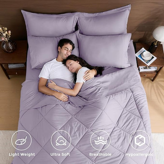 HEVUMYI Light Purple California King Comforter Set - 7-Piece All Season Bed in a Bag Cal King, Ultra Soft Bedding Set with Comforter, Flat Sheet, Fitted Sheet, Pillowcases, Pillow Shams
