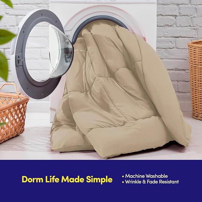 Dorm Room Essentials College Bedding Comforter Set 5 Piece Twin XL Size Bed in a Bag for College Students Boys and Girls, Twin XL, Taupe