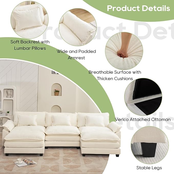 120" Modular Sectional Sofa, Comfy Cloud Couch Sectional Sofa with Ottoman, Chenille Sofa Sleeper Deep Seat Sofa with Throw Pillows for Living Room (Beige White, 120"- U Shape)