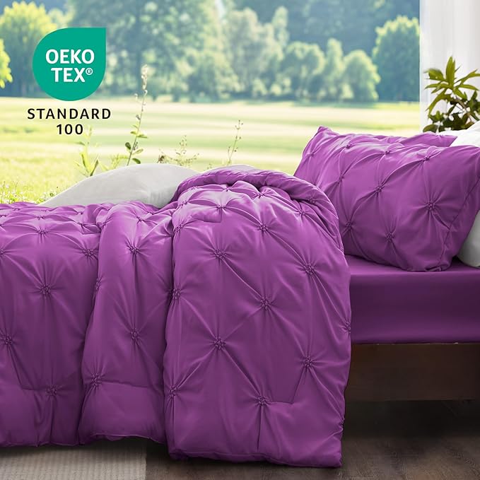 BEDELITE Purple Queen Comforter Set - 3 Pieces Boho Pintuck Bedding Comforter Sets, Lightweight Soft & Warm Bed Comforter Queen with 2 Pillowcases for All Season