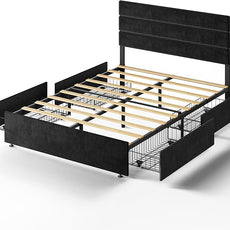 WLIVE Full Size Upholstered Bed Frame with 4 Storage Drawers and Headboard, Velvet Platform Bedframe, Sturdy Metal & Wooden Slats Support, No Box Spring Needed, Easy Assembly, Black