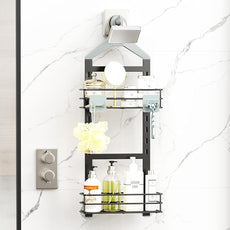 Orimade Adjustable Anti-slip Shower Caddy over Shower Head, Rustproof Bathroom Hanging Shower Organizer with 2 Hooks for Razor, No Drilling Shelves Storage Rack 2 Tier, Grey