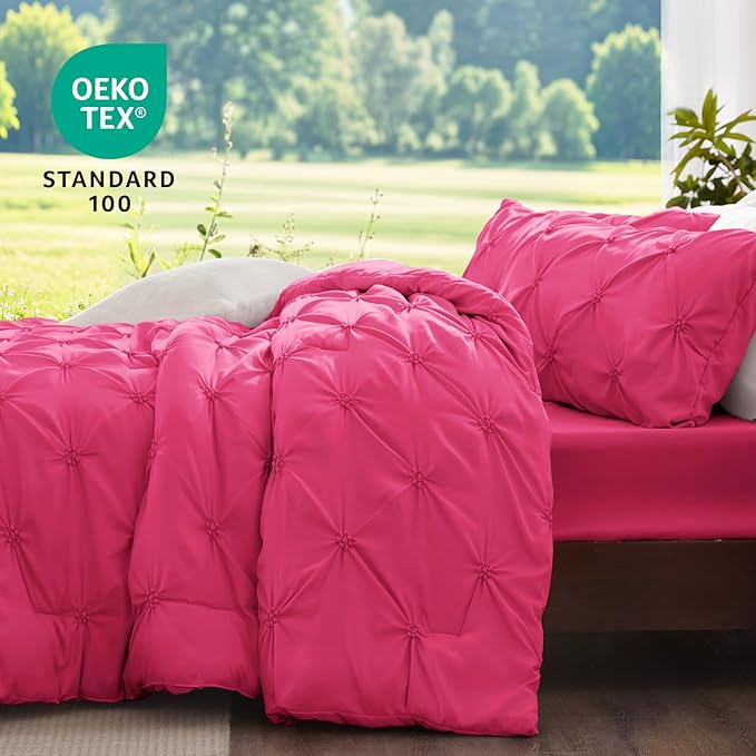 BEDELITE Hot Pink Queen Comforter Set - 3 Pieces Boho Pintuck Bedding Comforter Sets, Lightweight Soft & Warm Bed Comforter Queen with 2 Pillowcases for All Season
