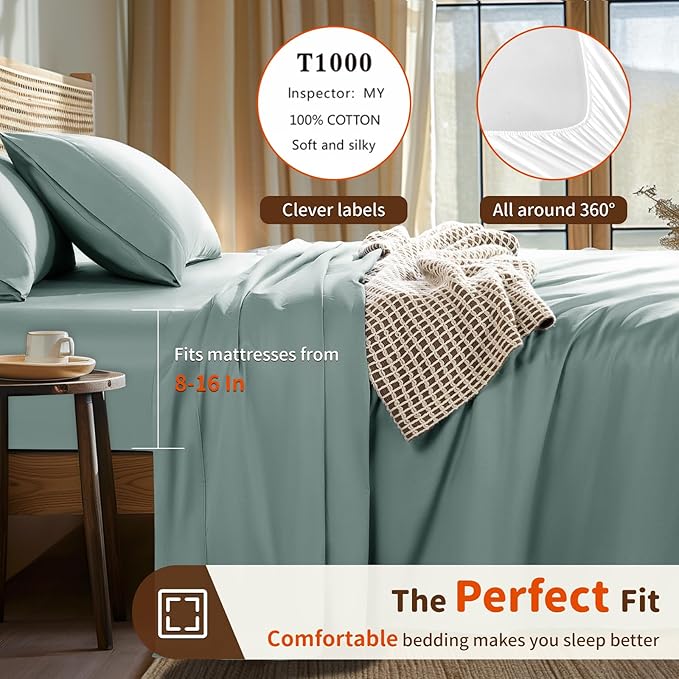 LBRO2M 1000 Thread Count 100% Egyptian Cotton Sheets Set King, 4 Piece Sets Bed Sheet Deep Pocket Sheet Set 16" Soft Comfortable All Season (King, Sage Green)