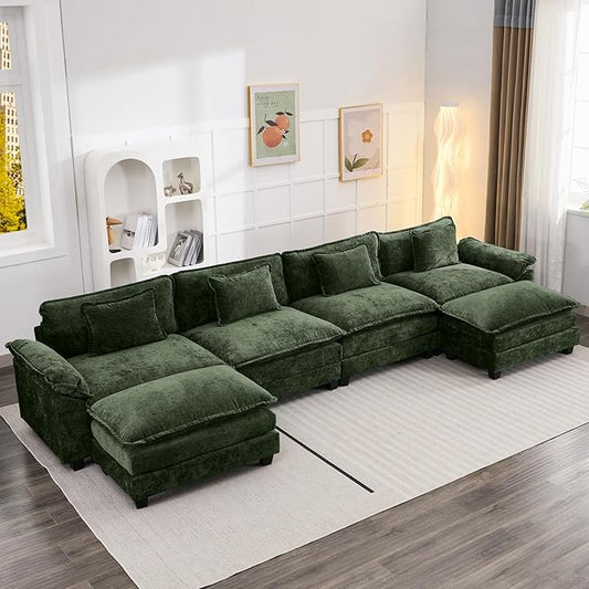 154" Modular Sectional Sofa, Comfy Cloud Couch Sectional Sofa with Ottoman, Chenille Sofa Sleeper Deep Seat Sofa with Throw Pillows for Living Room (Green, 154"- U Shape)