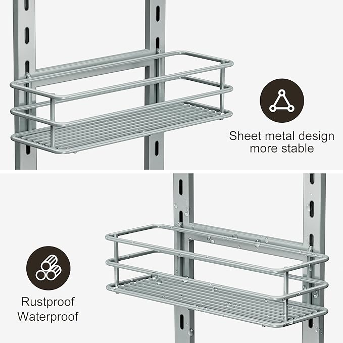 Orimade 4 Tier Adjustable Anti-slip Shower Caddy over Shower Head,Rustproof Bathroom Hanging shower Organizer with 4 Hooks for Razor,No Drilling Shower shelves Storage Rack, Light Grey