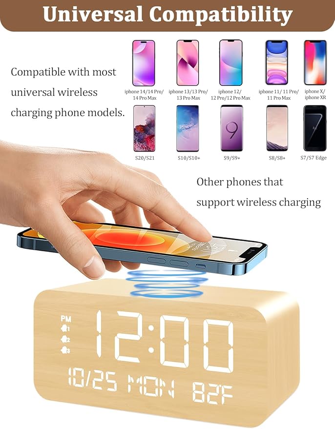 Digital Alarm Clock, with Wooden Electronic LED Time Display, 3 Alarm Settings, Humidity & Temperature Detect, Wood Made Electric Clocks for Bedroom, Bedside (Yellow-Wireless)