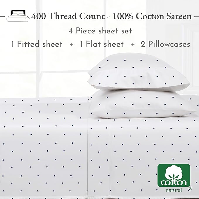 California Design Den Full Size Bed Sheets Set - 400 Thread Count Sateen, Natural 100% Cotton Sheets for Full Size Bed, Deep Pocket and Durable Bedding Set - Polka Dot CaliforniaDesignDen