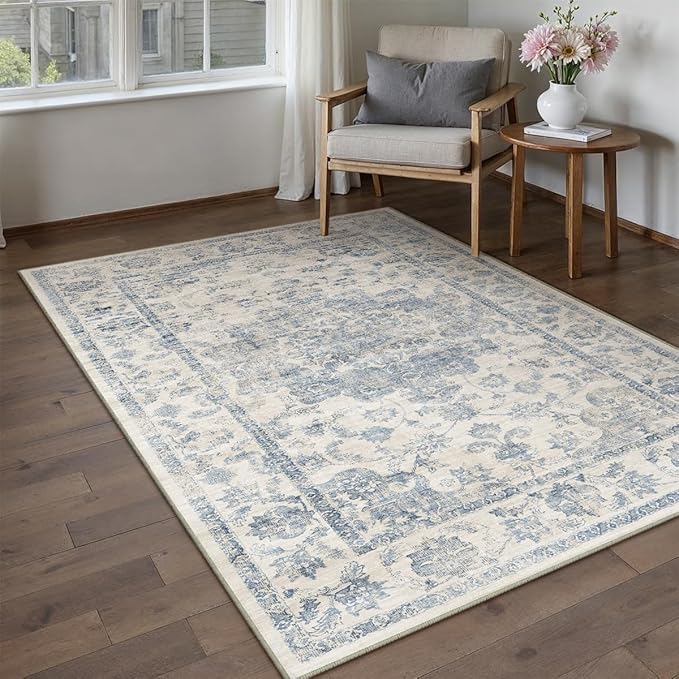 3x5 Washable Neutral Area Rug Blue Vintage Entryway Office Carpet Non-Slip Soft Low Pile Floral Throw Rug for Entrance Living Room Bathroom Dining Room