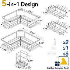 YASONIC Corner Shower Caddy Organizer, 5-Pack Self-Adhesive Rustproof Bath Shelves with Soap Holder & 4 Hooks, Large Capacity Shower Storage Rack for Bathroom Organization, Silver