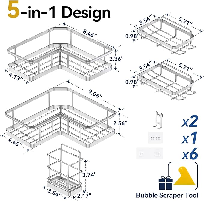 YASONIC Corner Shower Caddy Organizer, 5-Pack Self-Adhesive Rustproof Bath Shelves with Soap Holder & 4 Hooks, Large Capacity Shower Storage Rack for Bathroom Organization, Silver
