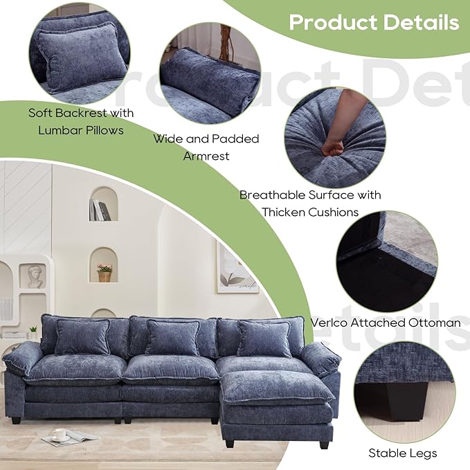 120" Modular Sectional Sofa, Comfy Cloud Couch Sectional Sofa with Ottoman, Chenille Sofa Sleeper Deep Seat Sofa with Throw Pillows for Living Room (Blue, 120"- L Shape)