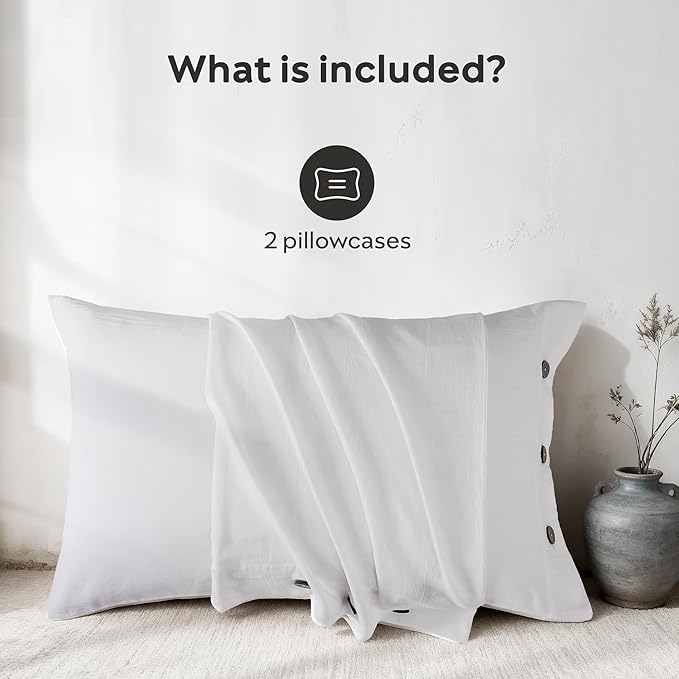 JELLYMONI Pillowcases Queen Set of 2 Cotton Button Pillow Covers 20×30in Cream White Bed Pillow Cases 100% Washed Cotton Soft Breathable (Pillows are not Included)