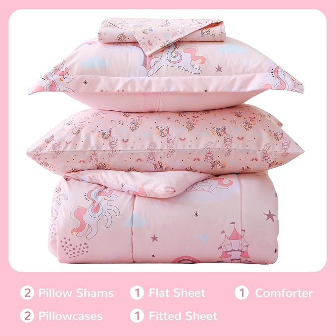 Viviland Kids Full Bedding Sets for Girls, Soft Full Comforter Set with Sheets, 7 Pieces Microfiber Bed in a Bag, Pink Unicorn