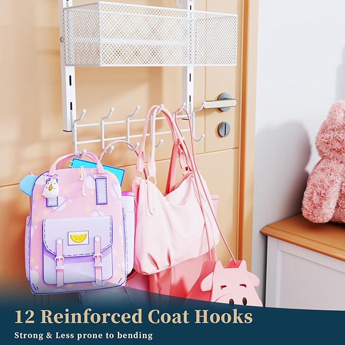 Consumest Over The Door Hooks Organizer - 4 Tier Door Coat Rack with 3 Baskets and 12 Hooks, Stainless Steel Towel Hanger for Bedroom, Bathroom, Living Room, White