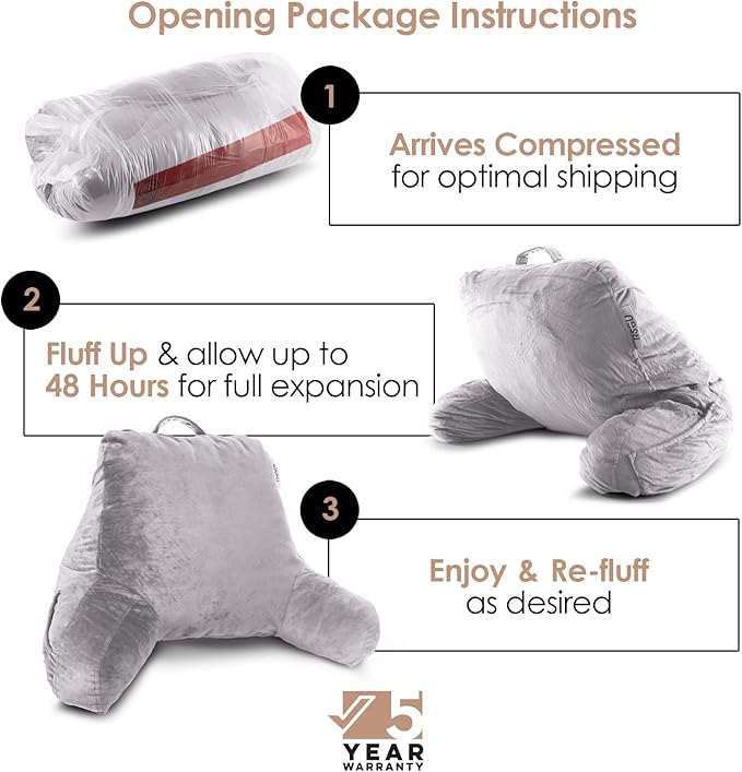 Nestl Reading Pillow with Shredded Memory Foam, Designed for Sitting Up in Bed and Couch, Back and Arms Adjustable Support for Adult & Teens Backrest Pillows for Reading, Washable Cover, Grey Lavender