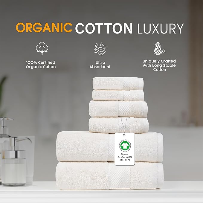 Farm to Home 100% Organic Bath Towel Set of 6 – GOTS & Oeko-TEX Certified Organic Cotton, Soft, Ultra Absorbent, Quick Dry - Includes 2 Bath Towels, 2 Hand Towels, 2 Washcloths - Pearl