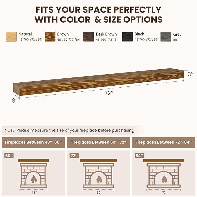 Dreamland 72 X 8 X 3 Fireplace Mantel - Solid Rustic Wood Wall Mounted Floating Shelf - Handcrafted Wood Fireplace Mantels - Floating Fireplace Mantel - Brown