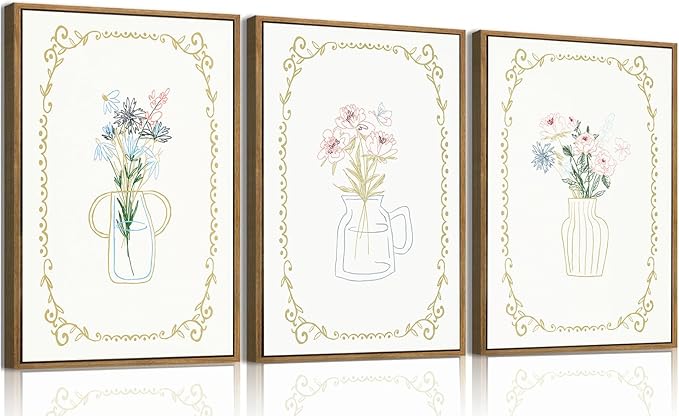 KISSFOX 3 Piece Floral Framed Wall Art Flower Pictures Wall Decor Wildflowers Canvas Wall Art Green Boho Botanical Paintings for Girly Room Bedroom Apartment Dorm Living Room