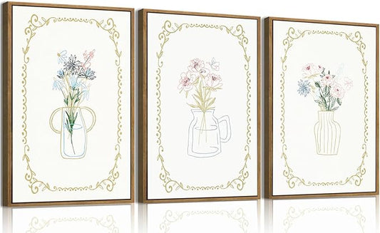 KISSFOX 3 Piece Floral Framed Wall Art Flower Pictures Wall Decor Wildflowers Canvas Wall Art Green Boho Botanical Paintings for Girly Room Bedroom Apartment Dorm Living Room