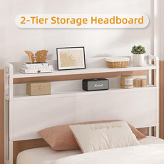 Elephance Twin Bed Frames,Metal Platform Bed Frame with 2-Tier Storage Headboard, No Box Spring Needed, Noise Free, Easy Assembly,White