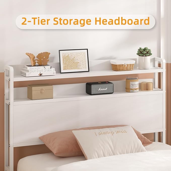 Elephance Twin Bed Frames,Metal Platform Bed Frame with 2-Tier Storage Headboard, No Box Spring Needed, Noise Free, Easy Assembly,White