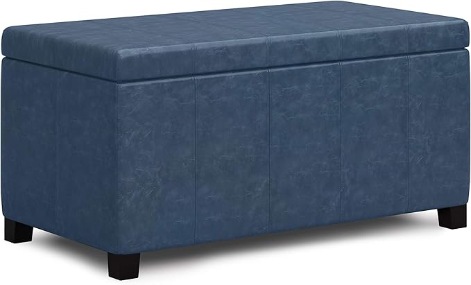SIMPLIHOME Dover 36 inch Wide Contemporary Rectangle Storage Ottoman Bench in Denim Blue Vegan Faux Leather, Assembled, for the Living Room, Entryway and Family Room