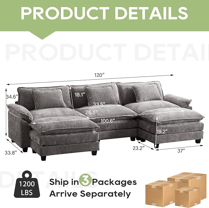 120" Modular Sectional Sofa, Comfy Cloud Couch Sectional Sofa with Ottoman, Chenille Sofa Sleeper Deep Seat Sofa with Throw Pillows for Living Room (Light Gray, 120"- U Shape)