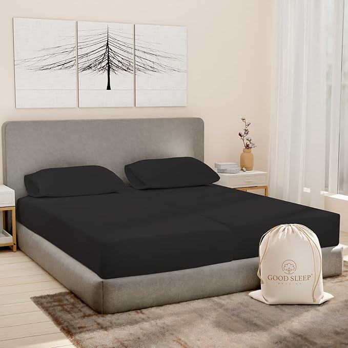Good Sleep Bedding Split King Sheets Set, Egyptian Cotton, Luxury Sheets, 5 Piece, 2 Fitted - 16" Deep Pocket, Dark Gray GoodSleepBedding