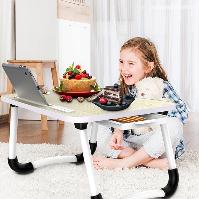 Zapuno Laptop Lap Desk, Foldable Laptop Table Tray with 4 USB Ports Storage Drawer and Cup Holder, Lap Bed Desk Notebook Stand Laptray Portable Standing Table for Bed Couch Floor
