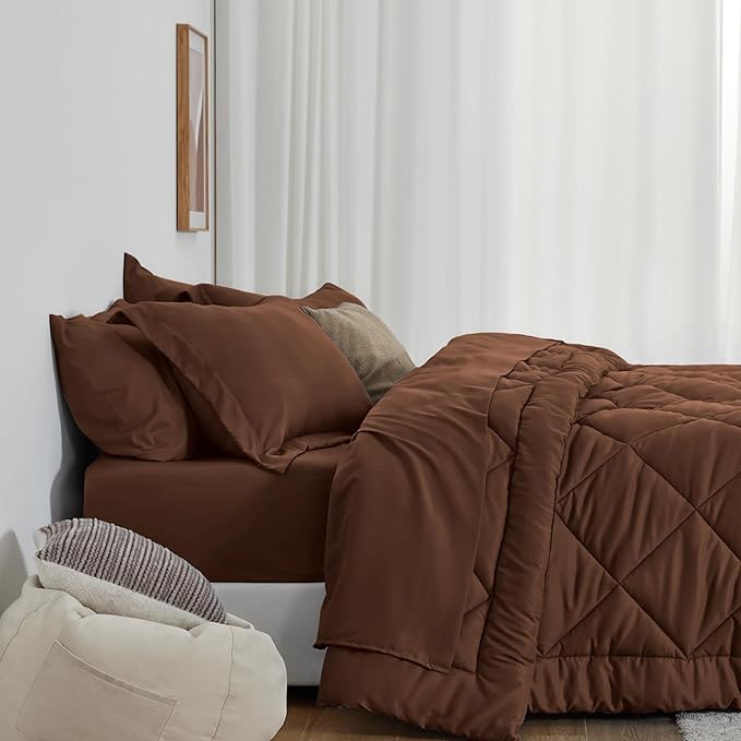 Love's cabin Queen Comforter Set Brown, 7 Pieces Queen Bed in a Bag, All Season Bedding Sets with 1 Comforter, 1 Flat Sheet, 1 Fitted Sheet, 2 Pillowcase and 2 Pillow Sham