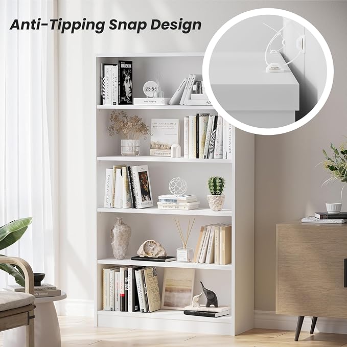 Farini 60 Inch Tall Bookcase,5 Shelf Bookshelves,Adjustable Bookshelf for Home Office,White