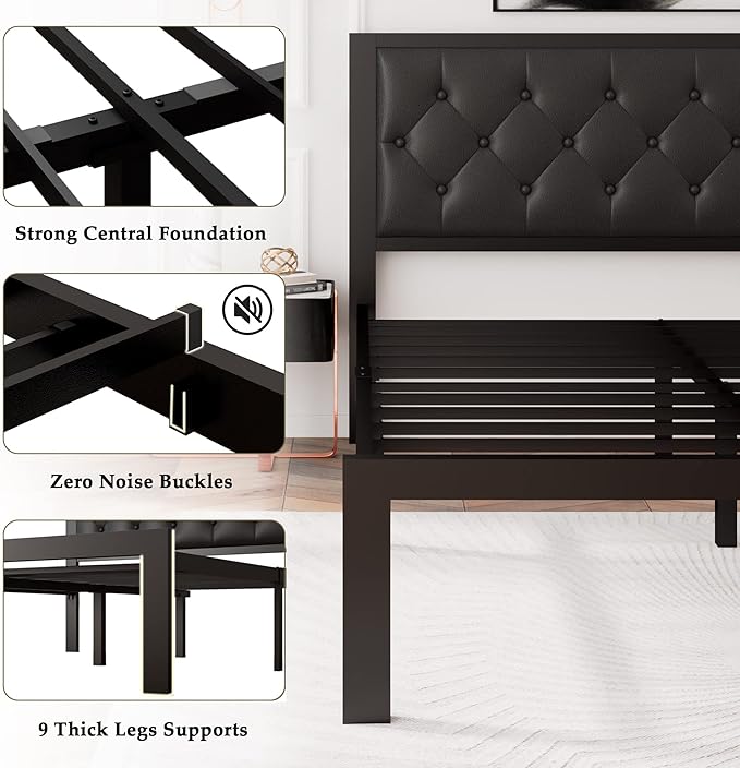 Feonase Queen Size Metal Bed Frame with Faux Leather Button Tufted Headboard, Heavy-Duty Platform Bed Frame with 12" Storage, Steel Slats Support, No Box Spring Needed, Noise Free, Black