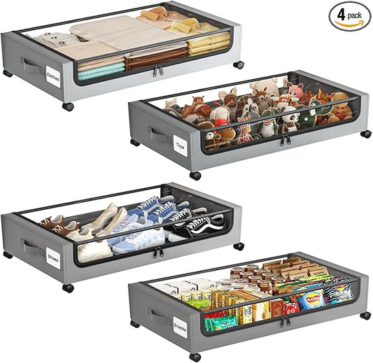 Under Bed Storage with Wheels,XXL 60L Under Bed Storage Containers with Clear Lids, Under-Bed Organizers for Clothes, Shoes – Durable Storage Bins with Smooth Rolling Wheels (Gray, 4 Pack)