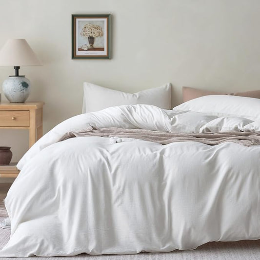 JELLYMONI White Duvet Cover Full Size - 100% Washed Cotton Linen Feel Textured Comforter Cover, 3 Pieces Breathable Soft Bedding Set with Zipper Closure (Off White, 80"x90")
