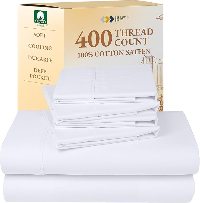 California Design Den 6 Pc Queen Size Sheet Set with 4 Pillowcases - Soft 400 Thread Count 100% Cotton Sheets, Sateen, Deep Pockets with All Around Elastic, Durable Bedding Set - White CaliforniaDesignDen