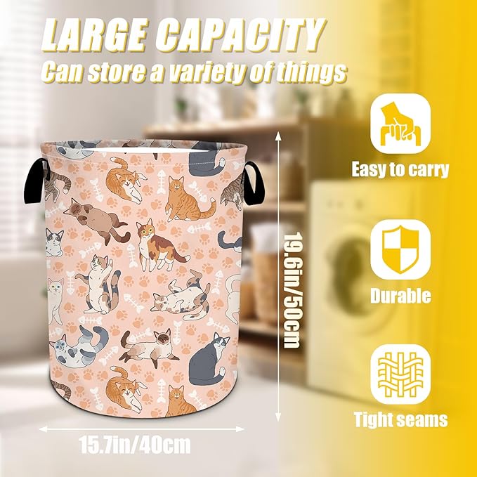 Funny Cats Laundry Basket,Foldable Oxford Cloth Funny Tote Bag Laundry Hamper Clothes Storage Bucket Toy Organizer For Bathroom Laundry Storage Bedroom 18.9x16.5
