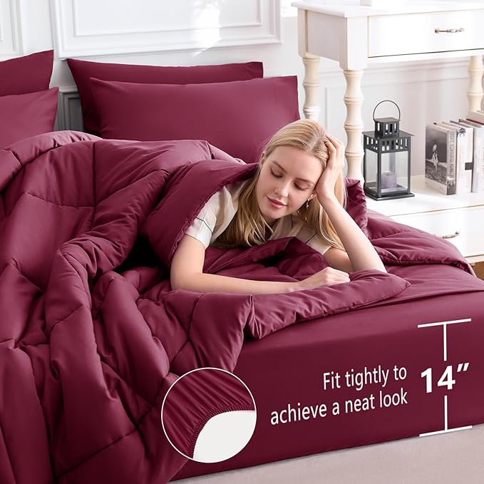 CozyLux King Size Comforter Set Burgundy, 7 Pieces Bed in a Bag, Red Comforter King Size, All Season Bedding Sets with Stitch Quilted Comforter, Flat Sheet, Fitted Sheet, Pillowcases