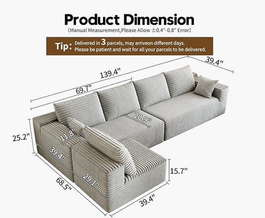139.4" Modular Sectional Sofa, L-Shaped Minimalist Couches with Middle Seat Chaise, Modern Deep Seat Convertible Sleeper Sofa,Cloud Plush Corduroy Fabric, No Assembly Required, 5 Seater, Grey
