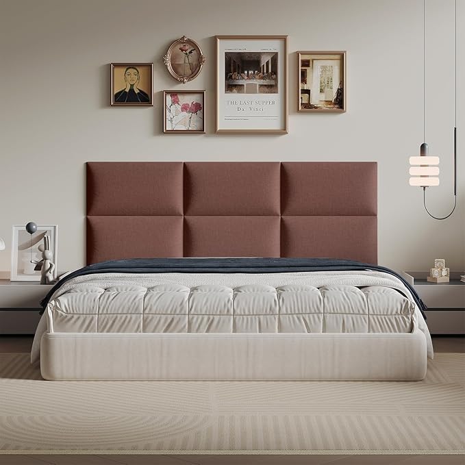 12-Piece Light Brown Linen Upholstered Headboard King Size, Wall Mounted Panel Set, Warm Fabric Headboard & Wall Decor for Bedroom