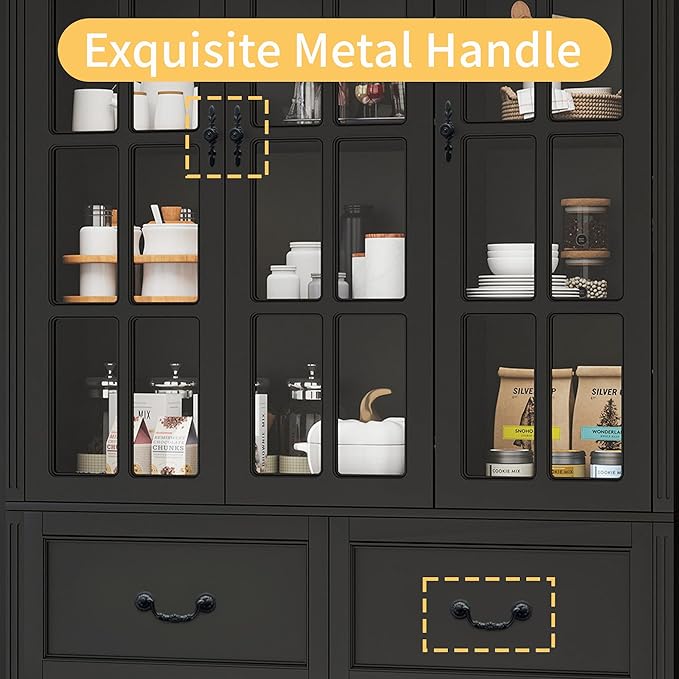 78.8" Tall Bookcase Display Storage Cabinet Hutch with Glass Doors & Drawers - Curio Display Bookshelf Kitchen Pantry for Home, Kitchen, Living Room.