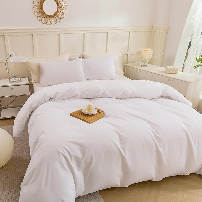 ECOCOTT White Duvet Cover Queen Size - 100% Washed Cotton Durable Soft Comfy Duvet Cover Set, Lightweight and Breathable with Zipper Closure & Corner Ties (White, 90''x90'')