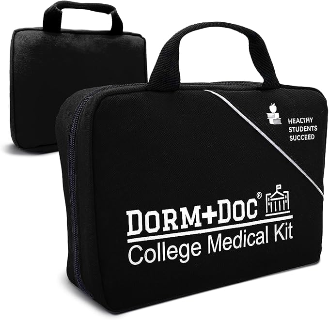College First Aid Kit – Compact Emergency Medical Kit for Dorm Rooms, School, Sports – with Bandages, OTC Medicines for Relief, Gauze, Quick Care Set – Portable Health Kit - 175 PCS, Black