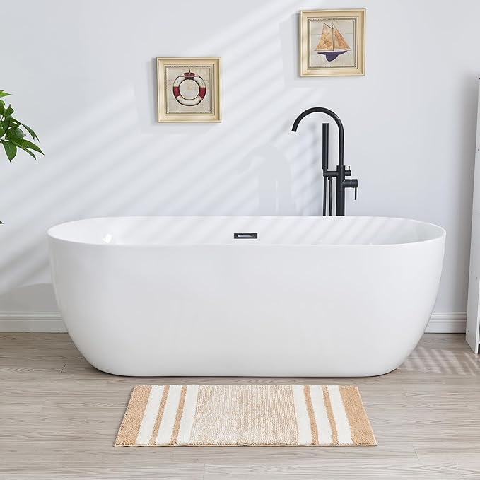 CozeCube Bath mats for Bathroom Non Slip, Fluffy Absorbent Microfiber Bath mat Washable, Aesthetic Bathroom Rugs, Cute Beige Striped Bath mat, Beige, 32" x 20"