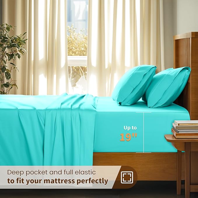 LBRO2M 100% Cotton Sheets Set Deep Pocket 19", 1000 Thread Count King Size 4 Piece Bed Sheet Sets Soft Comfortable Bedding All Season (King, Lake Green)
