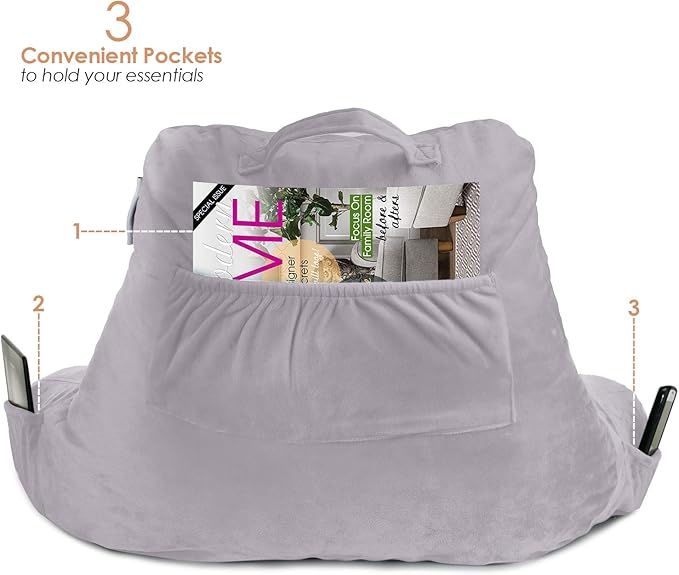 Nestl Reading Pillow with Shredded Memory Foam, Designed for Sitting Up in Bed and Couch, Back and Arms Adjustable Support for Adult & Teens Backrest Pillows for Reading, Washable Cover, Grey Lavender