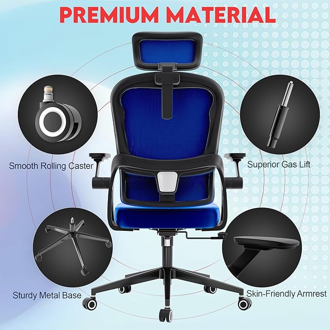 Ergonomic Office Chair - 400LB Comfy Desk Chairs with Adjustable Headrest and Lumbar Back Support, Mesh Computer Chairs with Wheels and Arms for Home Office, Study (218Blue-With Headrest)
