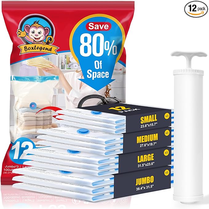BoxLegend Vacuum Storage Bags with Large Hand Pump 12 Combo (3 Jumbo,3 Large, 3 Medium, 3 Small) Thickened Vacuum Seal Bags for Clothing Coat Bedding Quilt Blanket Pillow Comforters